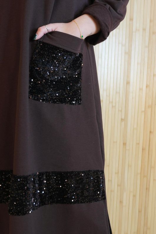 Oscar Immy Sequin Pocket Sweatshirt Dress Chocolate